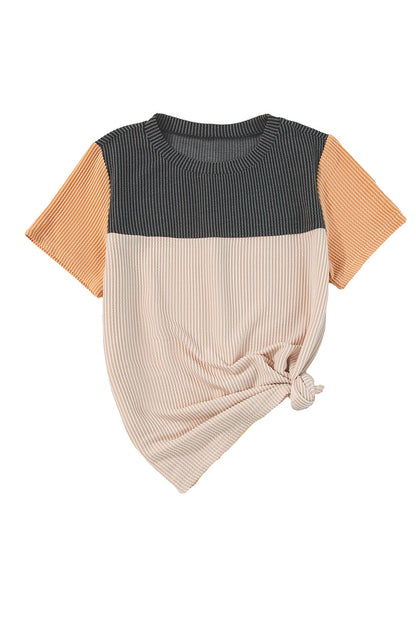 Pink Rib Textured Colorblock T Shirt