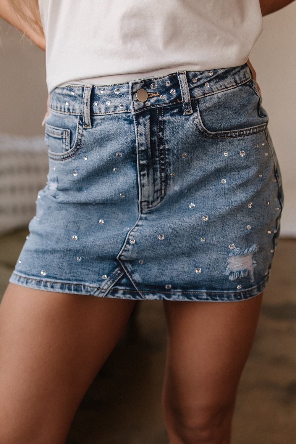 Dusk Blue Rhinestone Distressed Denim High Waist Mini Skirt