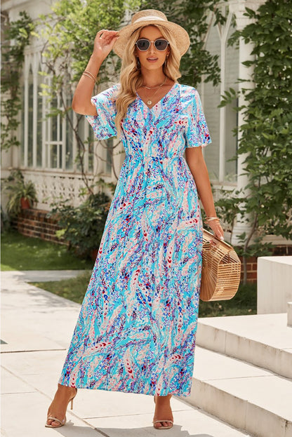 Green Wrap V Neck Floral Maxi Dress