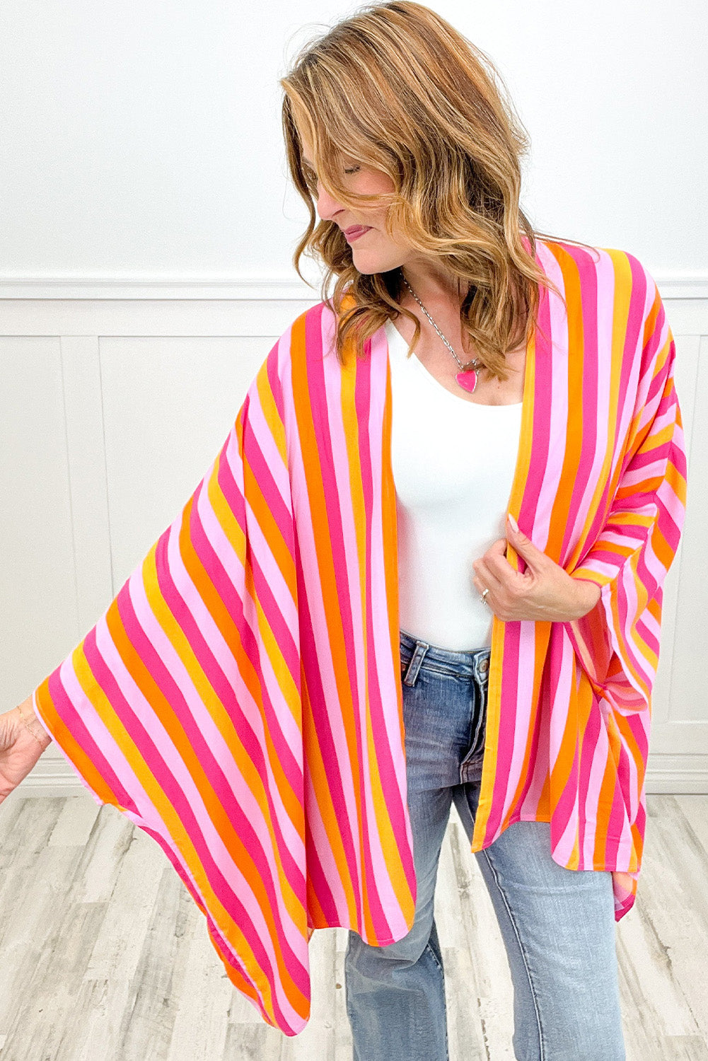 Rose Stripe Wide Sleeve Open Front Kimono