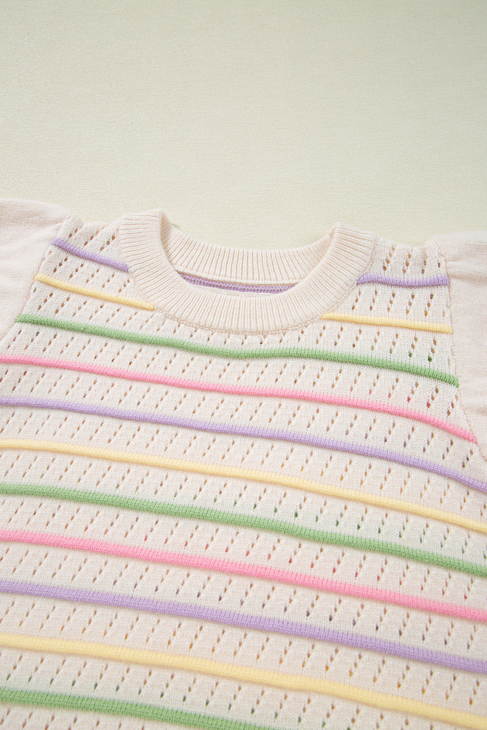 Oatmeal Colorful Striped Eyelet Knit Ruffled Sleeve Sweater T Shirt