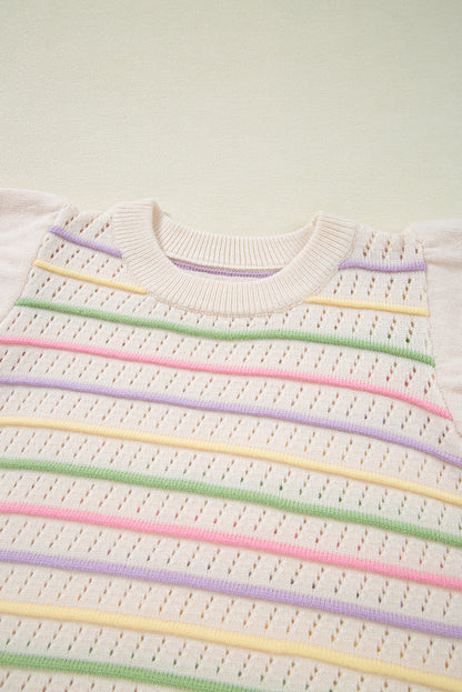 Oatmeal Colorful Striped Eyelet Knit Ruffled Sleeve Sweater T Shirt