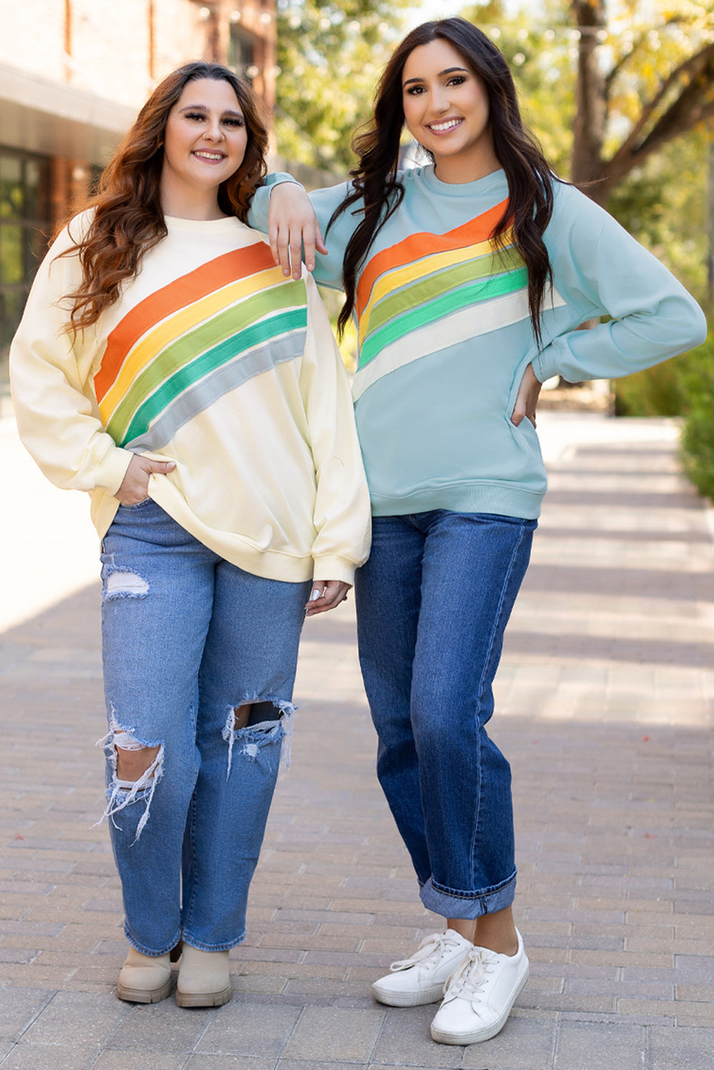 Apricot Rainbow Colorblock Striped Pullover Sweatshirt