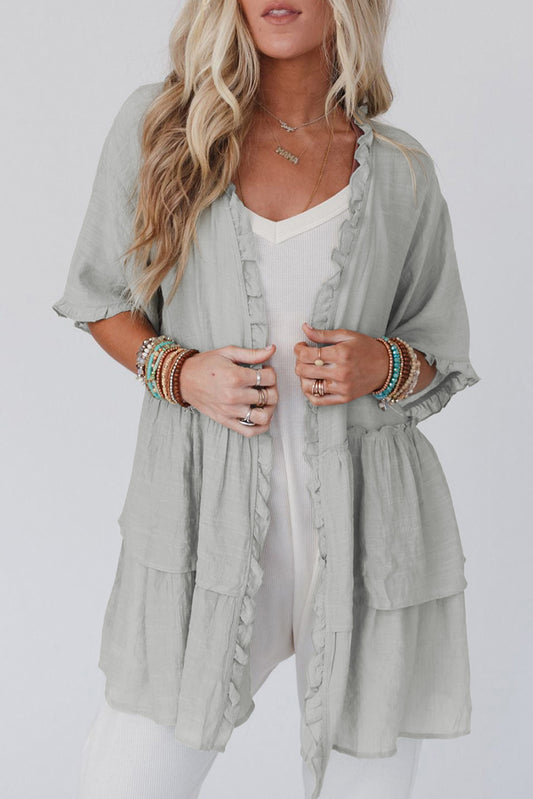 Pink Ruffled Trim Half Sleeve Open Front Kimono