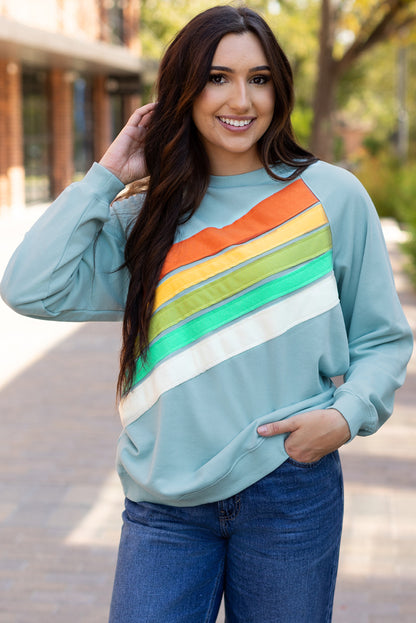 Apricot Rainbow Colorblock Striped Pullover Sweatshirt