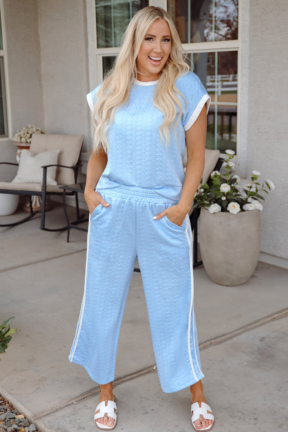 Beau Blue Textured Colorblock Edge Tank Top High Waist Pants Set