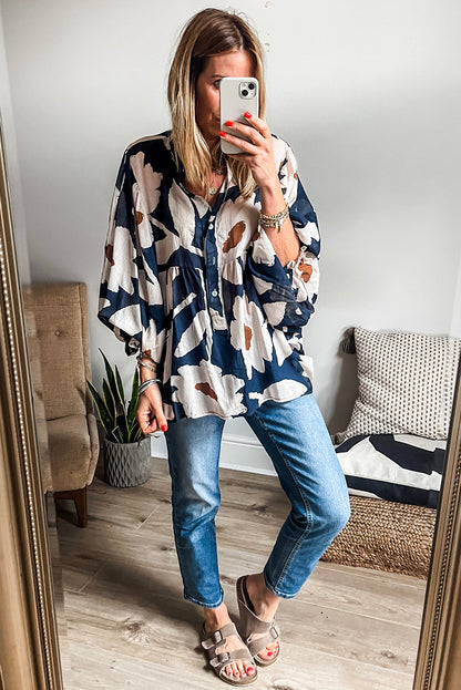 Four Leaf Clover Abstract Floral Print Puff Sleeve Half Button Blouse