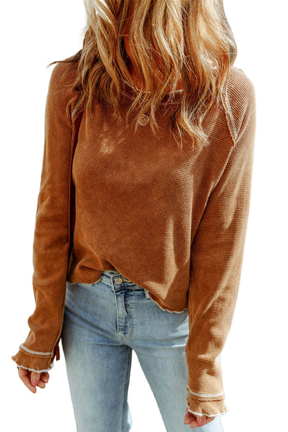 Apricot Pink Textured Round Neck Long Sleeve Top