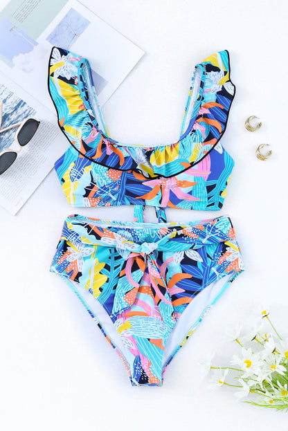 Green Tropical Print Ruffled Square Neck Tie High Waist Swimsuit