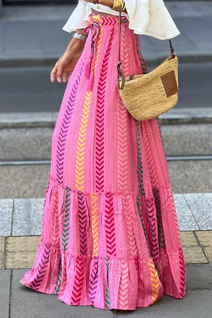 Pink Boho Printed Tasseled Drawstring Ruffled Maxi Skirt