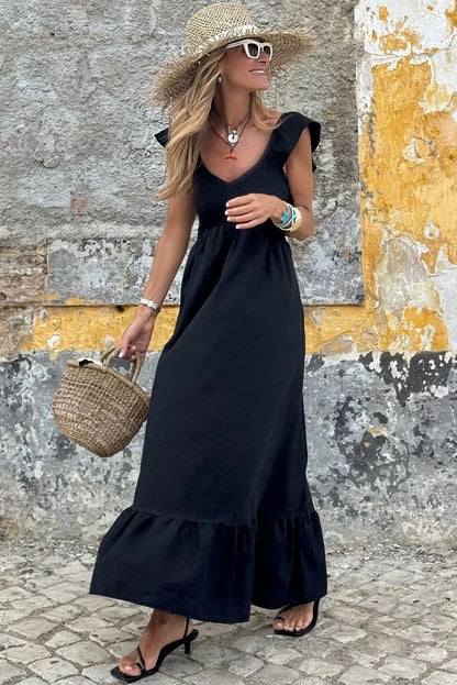 Black V Neck Flutter Sleeve Smocked Bodice High Waist Ruffle Maxi Dress