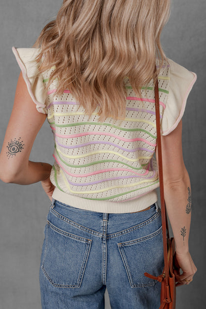 Oatmeal Colorful Striped Eyelet Knit Ruffled Sleeve Sweater T Shirt