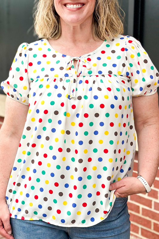 Apricot Plus Size Colorful Polka Dots Tie Neck Puff Sleeve Blouse