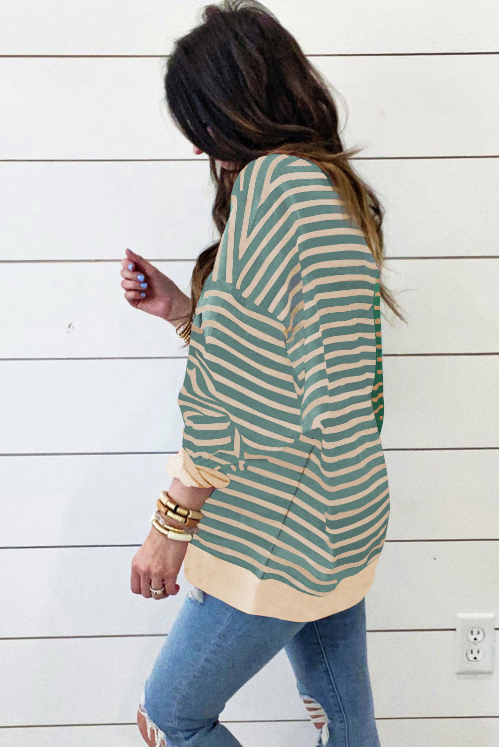 Casual Stripe Colorblock Drop Shoulder Oversize Sweatshirt