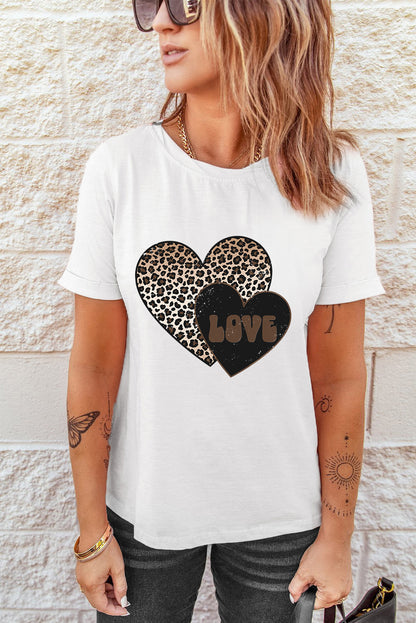 White Leopard LOVE Double Heart Printed Valentines Graphic Tee