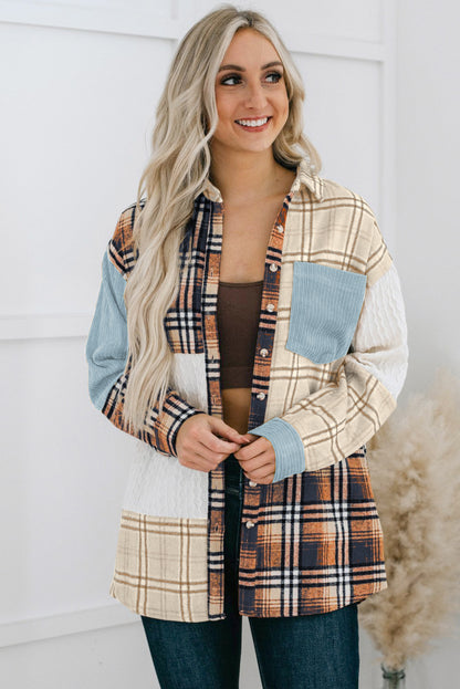 Orange Plaid Color Block Patchwork Shirt Jacket with Pocket