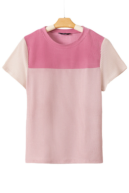 Pink Rib Textured Colorblock T Shirt