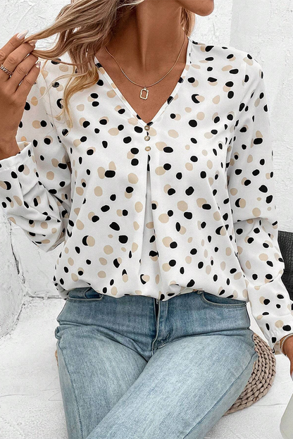 Green Polka Dot Print Button Front V Neck Blouse