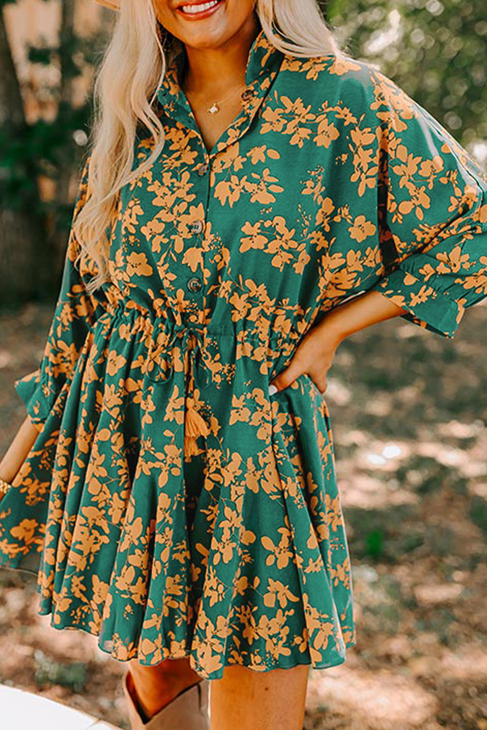 Pink Floral Print Drawstring Tunic Flowy Short Dress