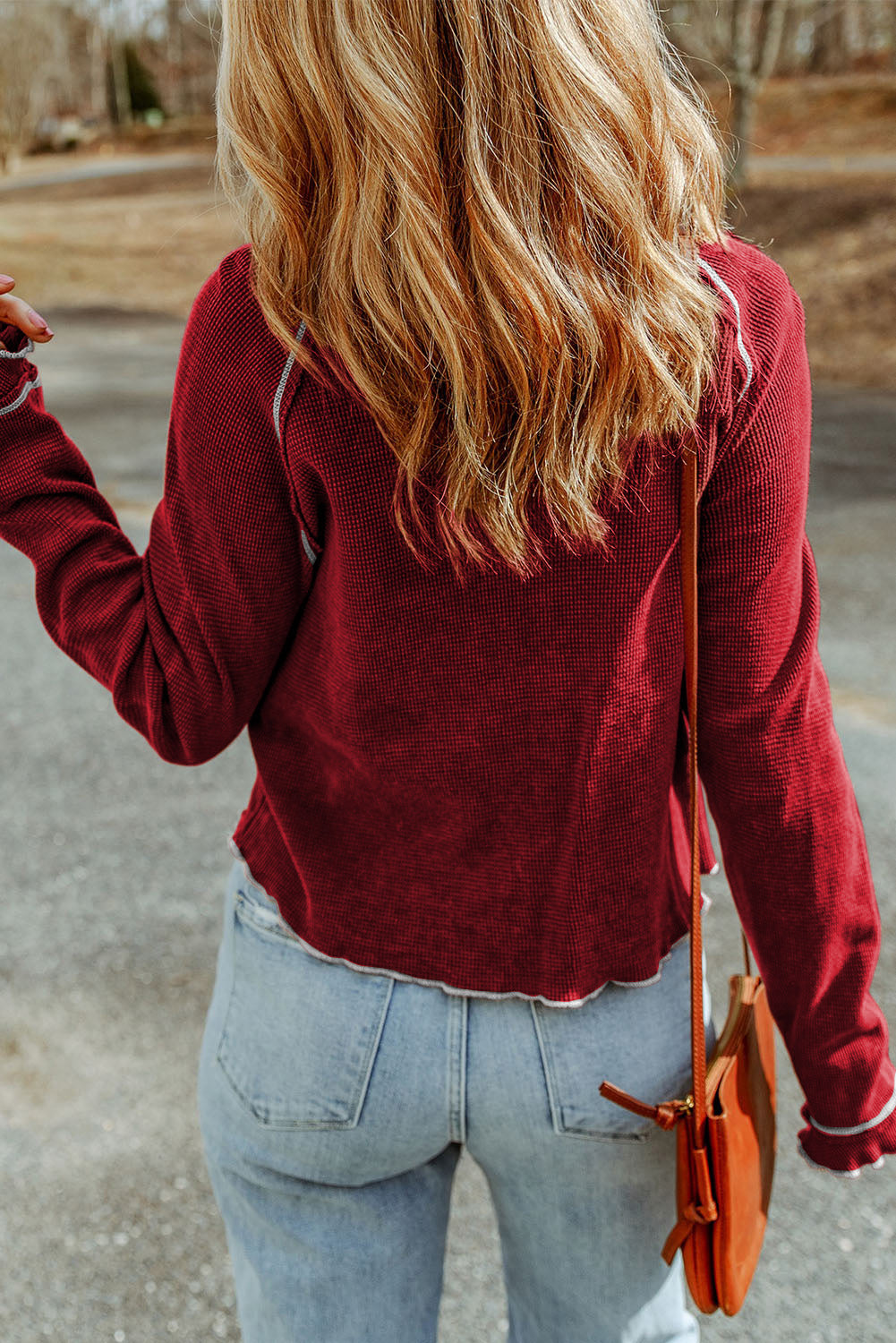 Apricot Pink Textured Round Neck Long Sleeve Top