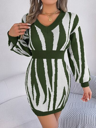 Animal Print V-Neck Long Sleeve Sweater Dress | Dia&Popo