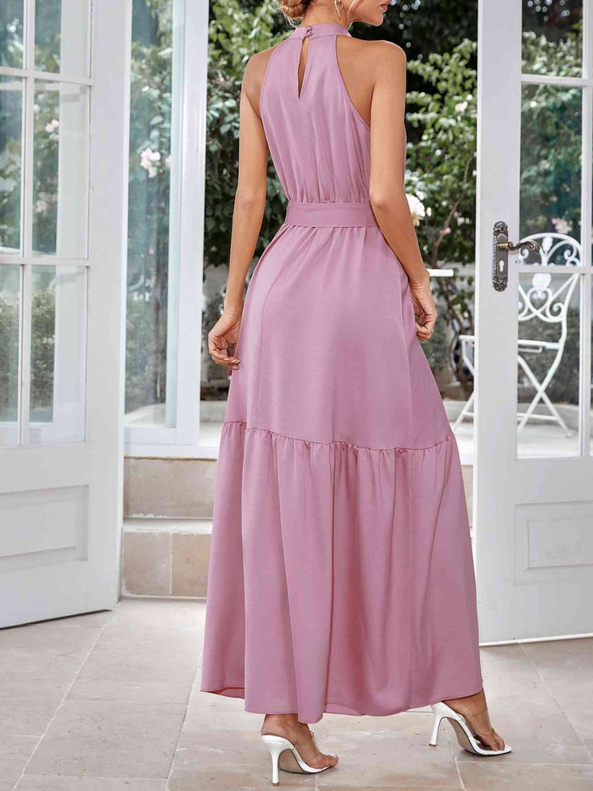 Belted Grecian Neck Tiered Maxi Dress | Dia&Popo