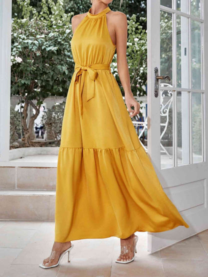 Belted Grecian Neck Tiered Maxi Dress | Dia&Popo