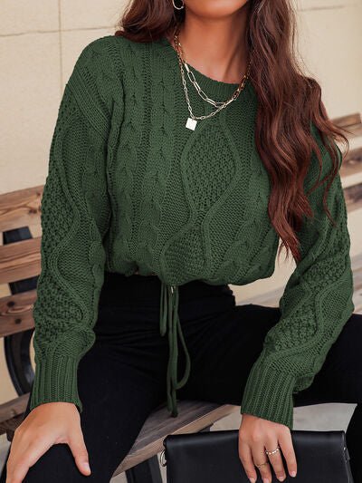 Cable-Knit Round Neck Dropped Shoulder Sweater | Dia&Popo