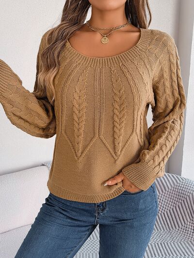 Cable-Knit Round Neck Long Sleeve Sweater | Dia&Popo