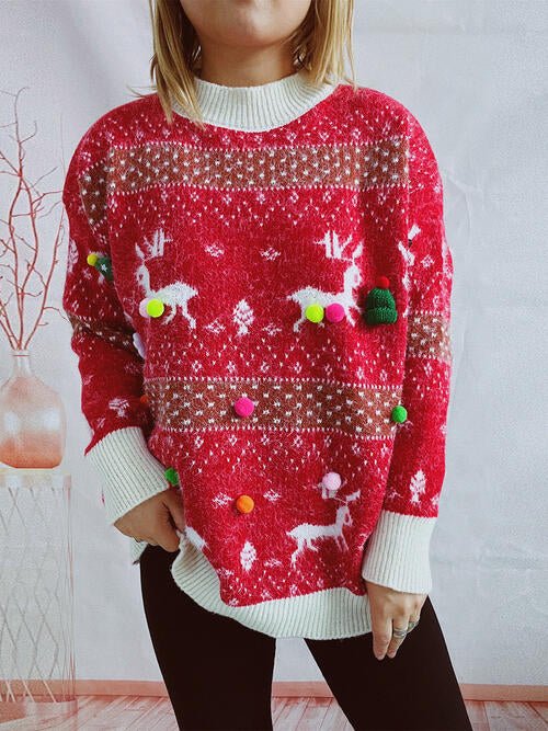 Christmas Element Round Neck Sweater and Scarf Set -Sweater Two-Piece Sets- Dia&Popo