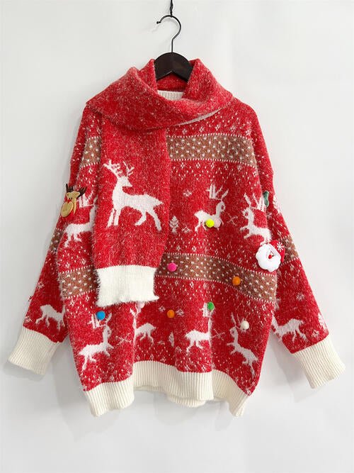 Christmas Element Round Neck Sweater and Scarf Set -Sweater Two-Piece Sets- Dia&Popo